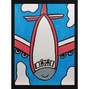 Kawaii Airplane Artwork Children Nursery 9x12 Inch Original Acrylic Painting